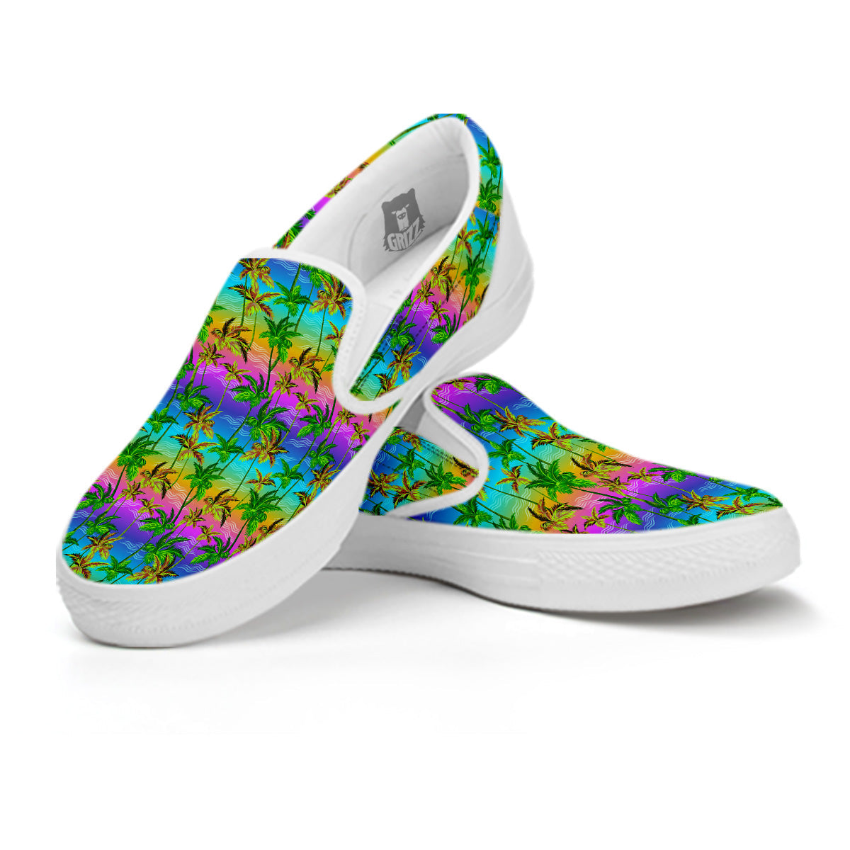 Neon Palm Tree Print Pattern White Slip On Shoes-grizzshop