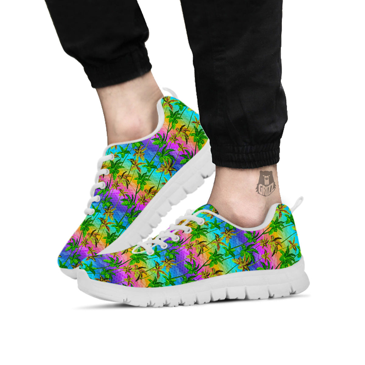 Neon Palm Tree Print Pattern White Sneaker-grizzshop