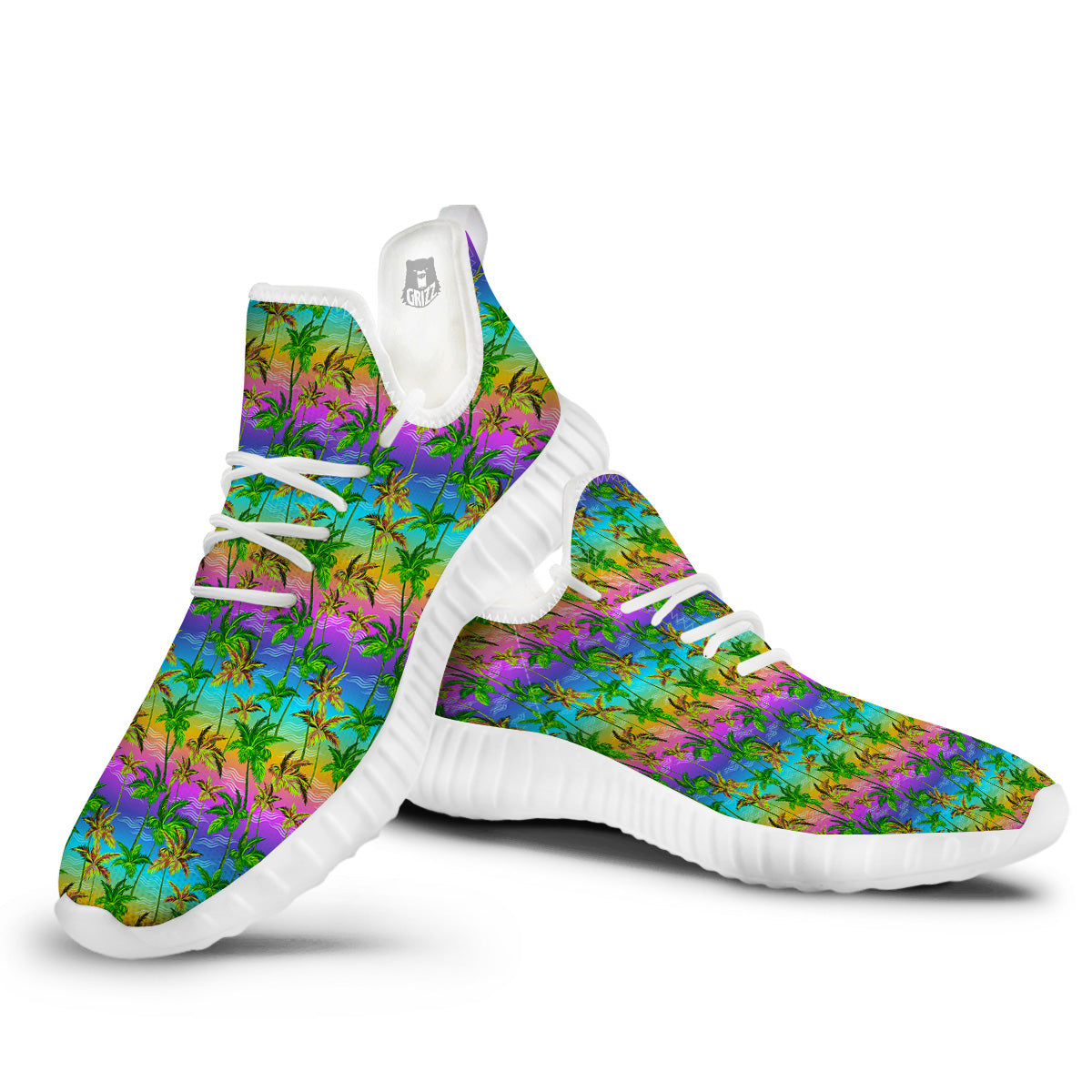 Neon Palm Tree Print Pattern White Walking Shoes-grizzshop