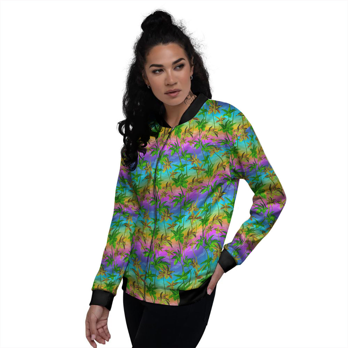 Neon Palm Tree Print Pattern Women's Bomber Jacket-grizzshop