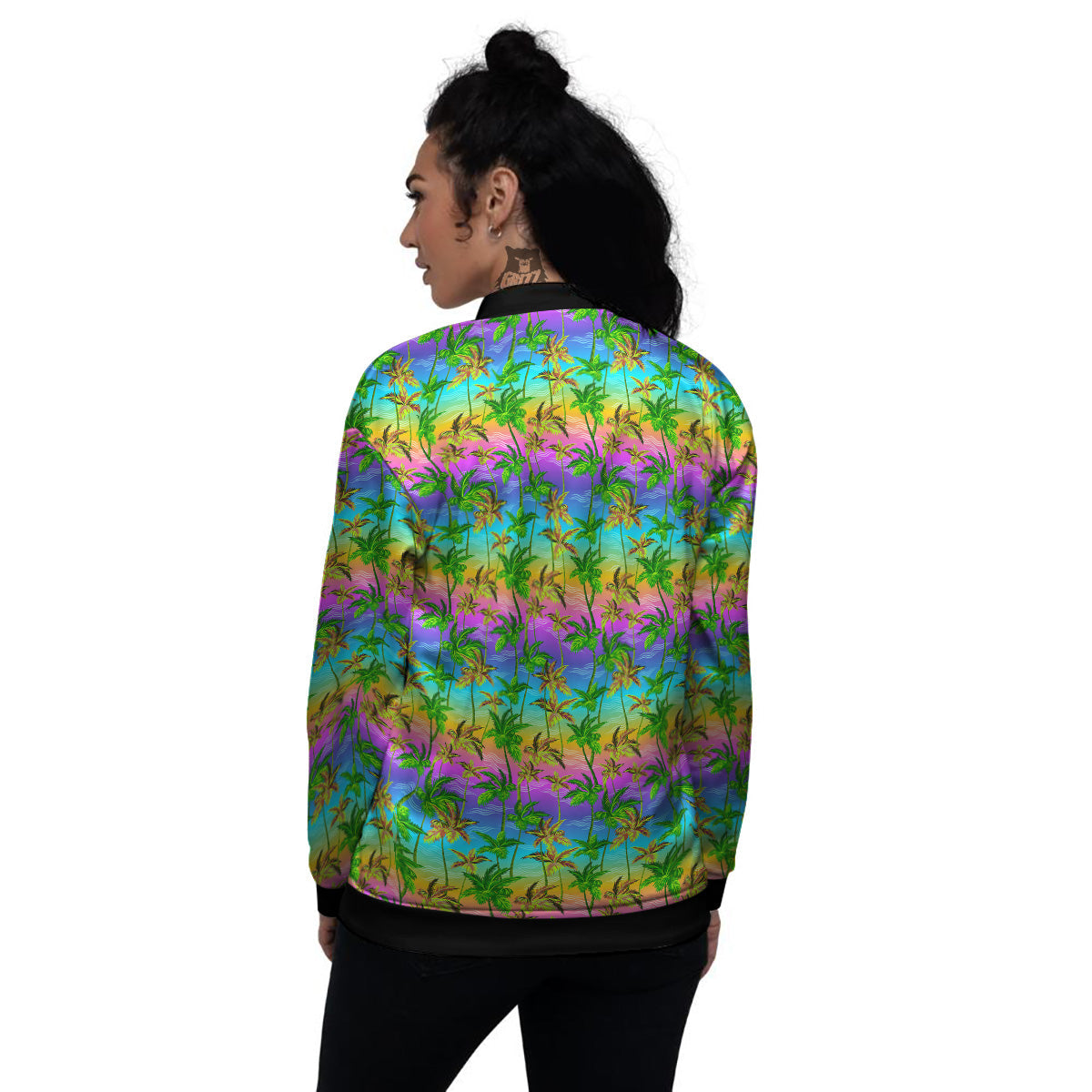 Neon Palm Tree Print Pattern Women's Bomber Jacket-grizzshop