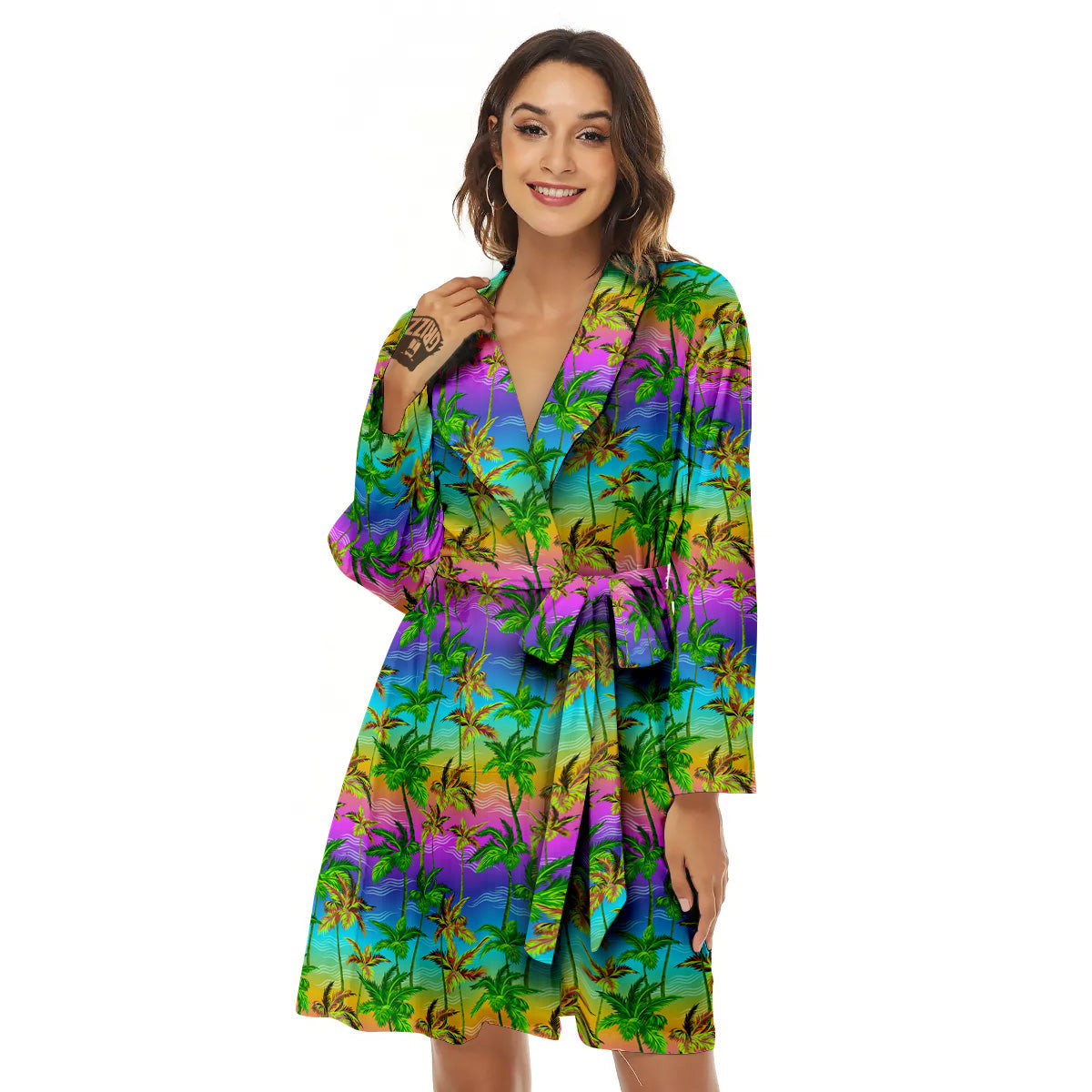 Neon Palm Tree Print Pattern Women's Robe-grizzshop