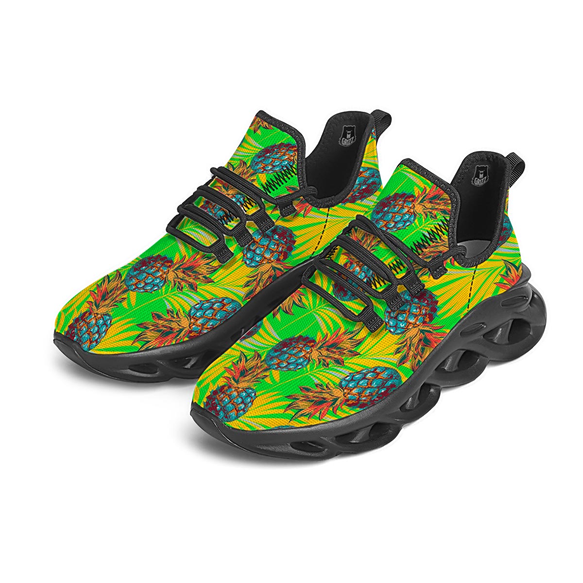 Neon Pineapple Hawaiian Print Black Running Shoes-grizzshop