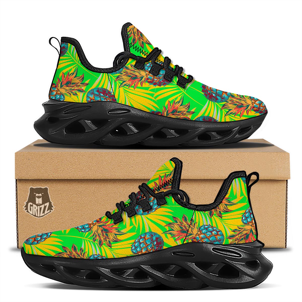 Neon Pineapple Hawaiian Print Black Running Shoes-grizzshop