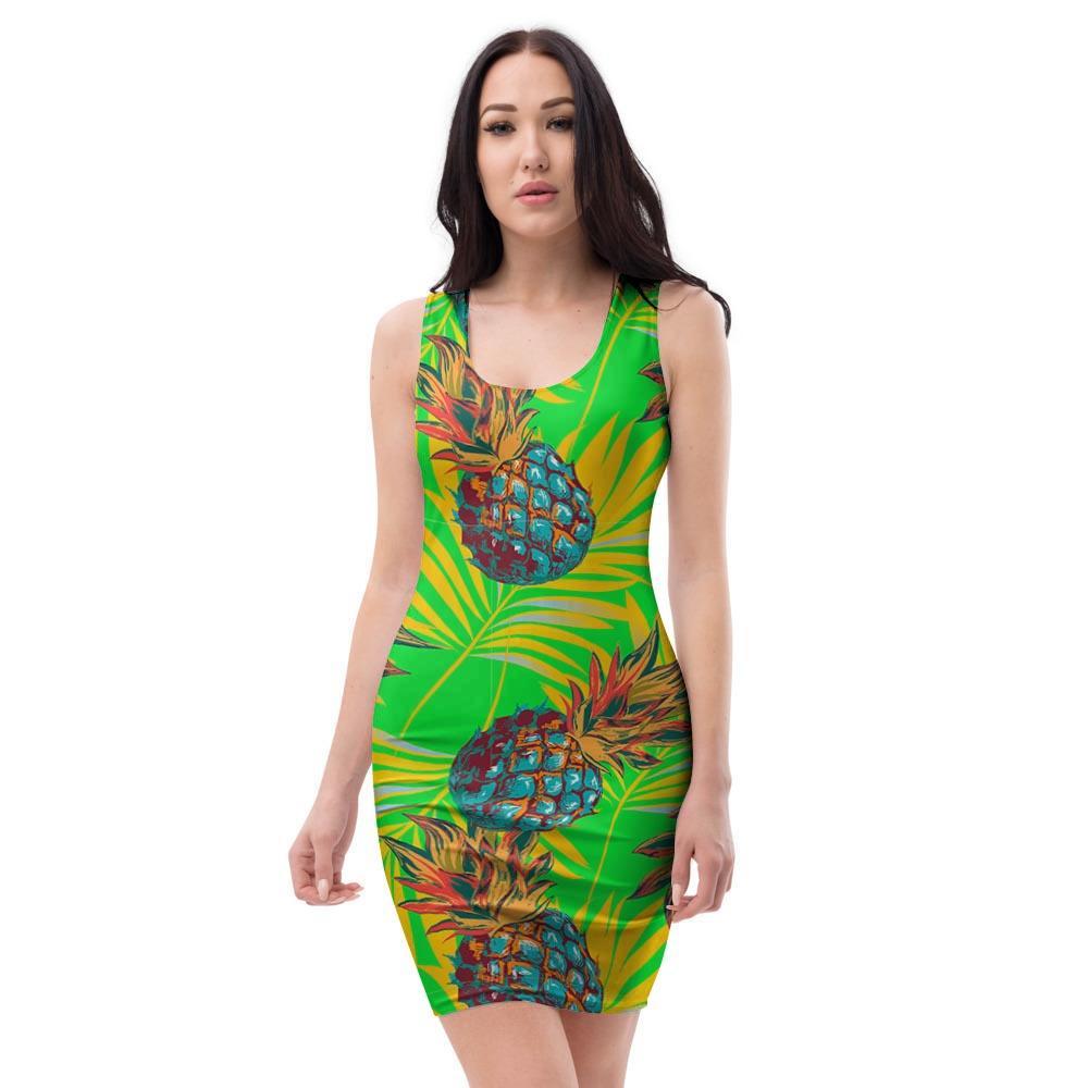 Neon Pineapple Hawaiian Print Bodycon Dress-grizzshop