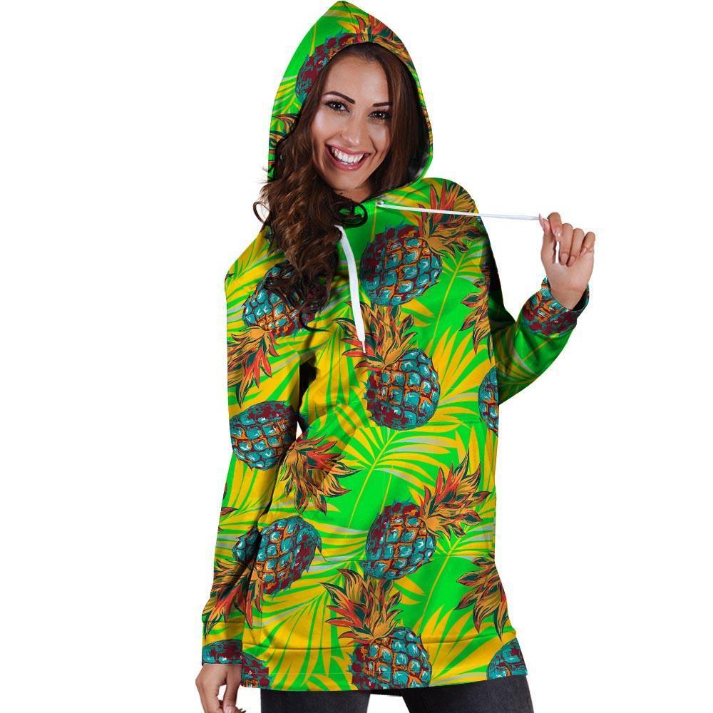 Neon Pineapple Hawaiian Print Hoodie Dress-grizzshop