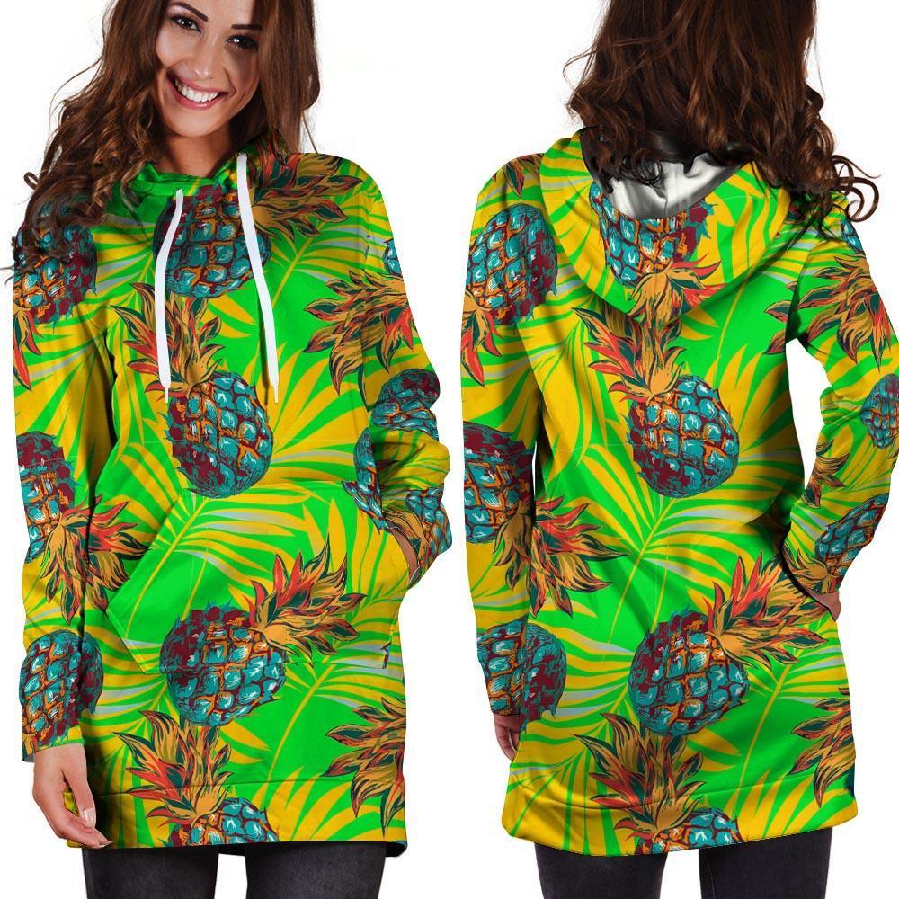 Neon Pineapple Hawaiian Print Hoodie Dress-grizzshop