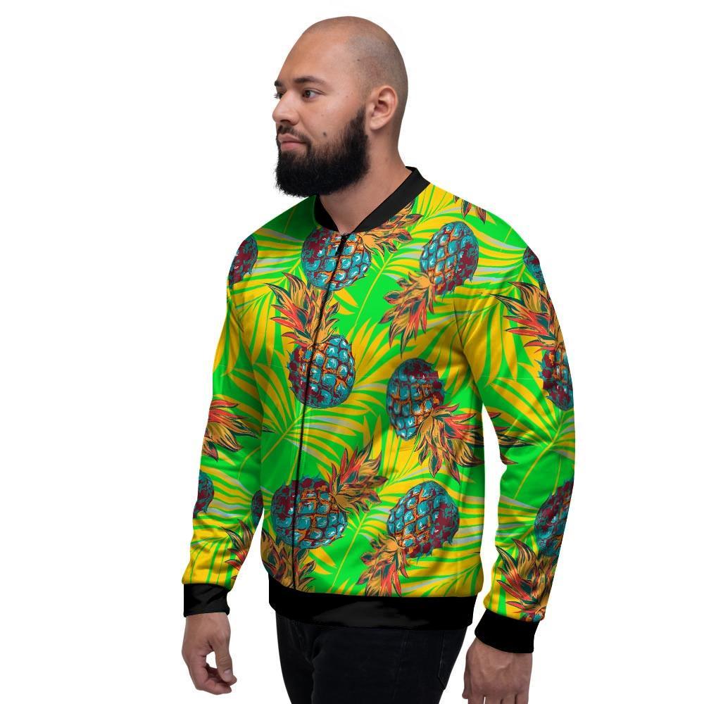 Neon Pineapple Hawaiian Print Men's Bomber Jacket-grizzshop