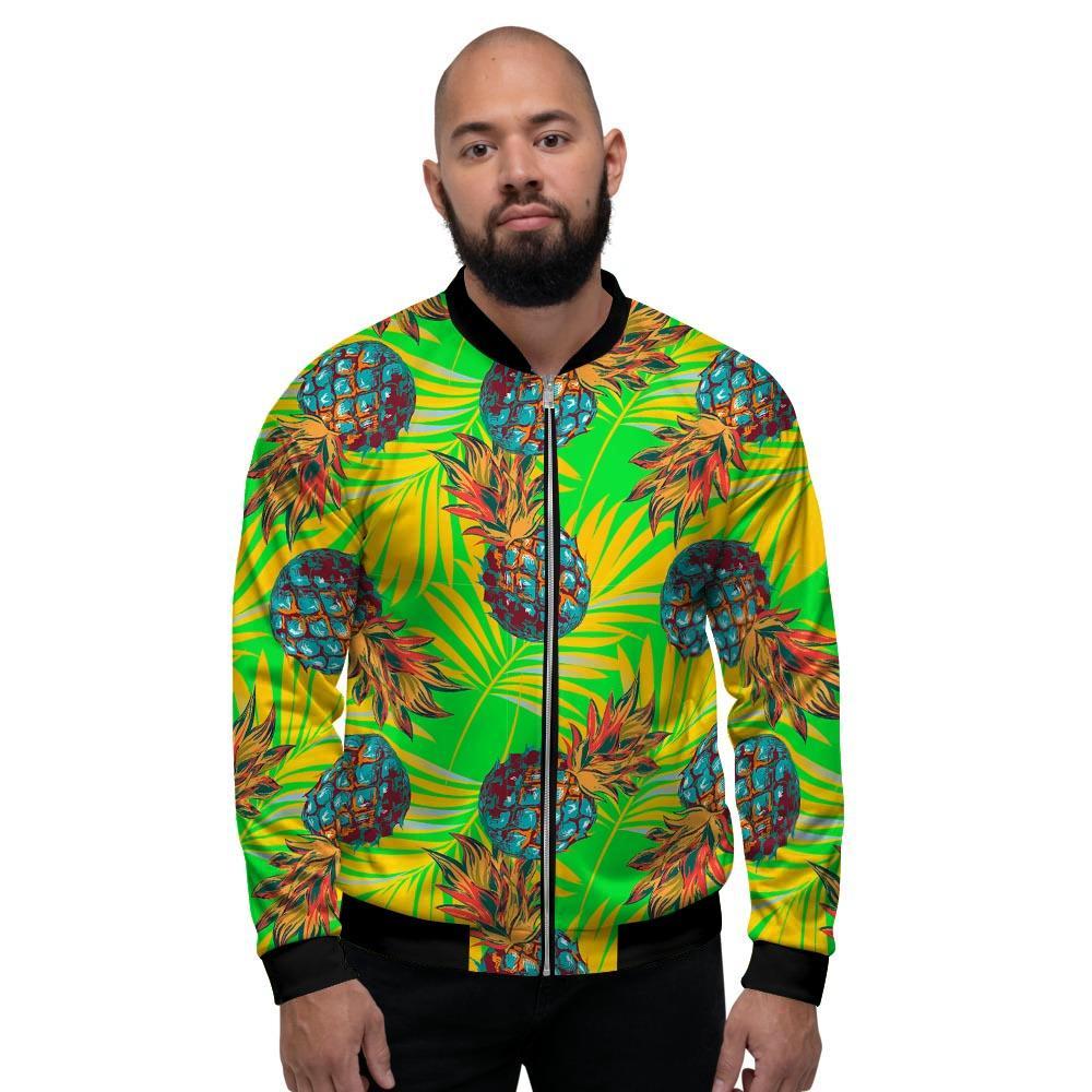 Neon Pineapple Hawaiian Print Men's Bomber Jacket-grizzshop