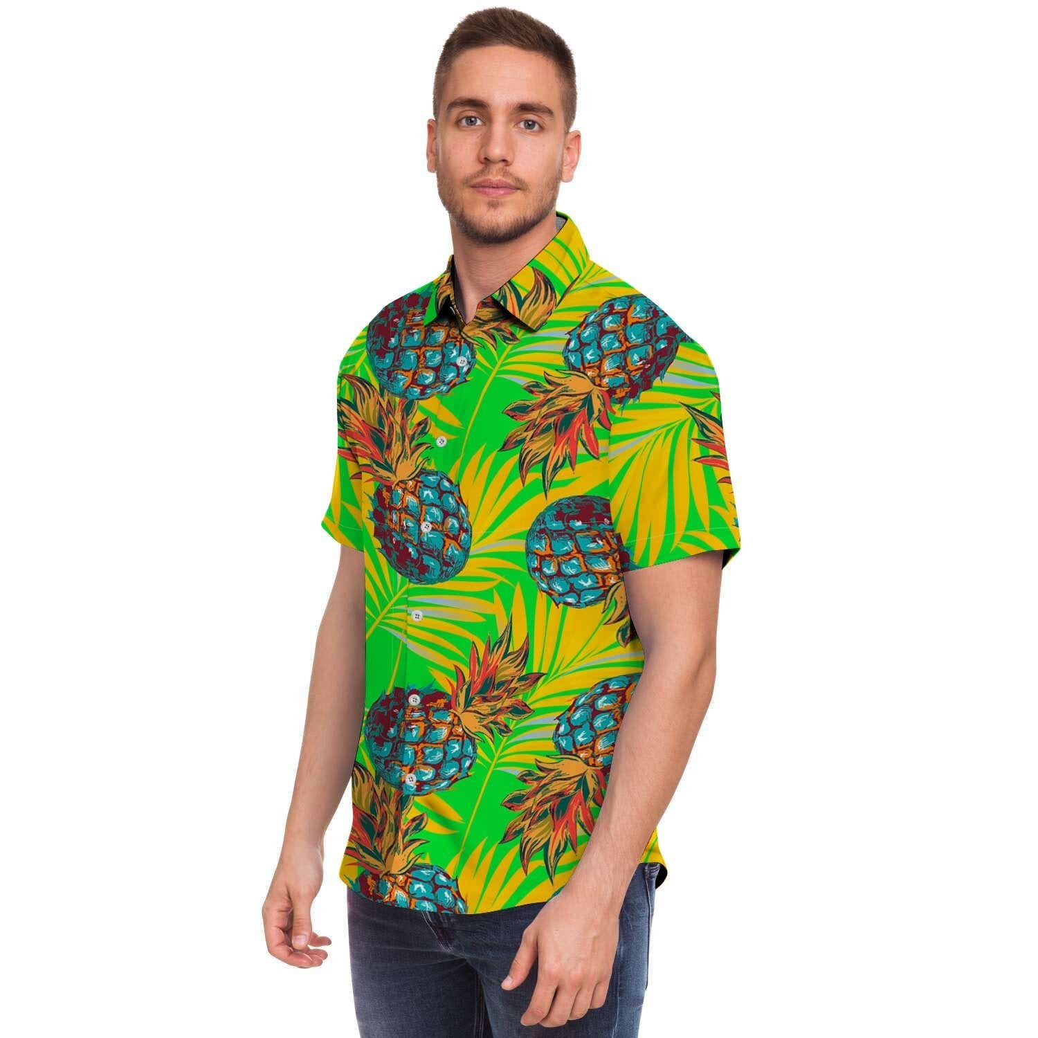 Neon Pineapple Hawaiian Print Men's Short Sleeve Shirt-grizzshop