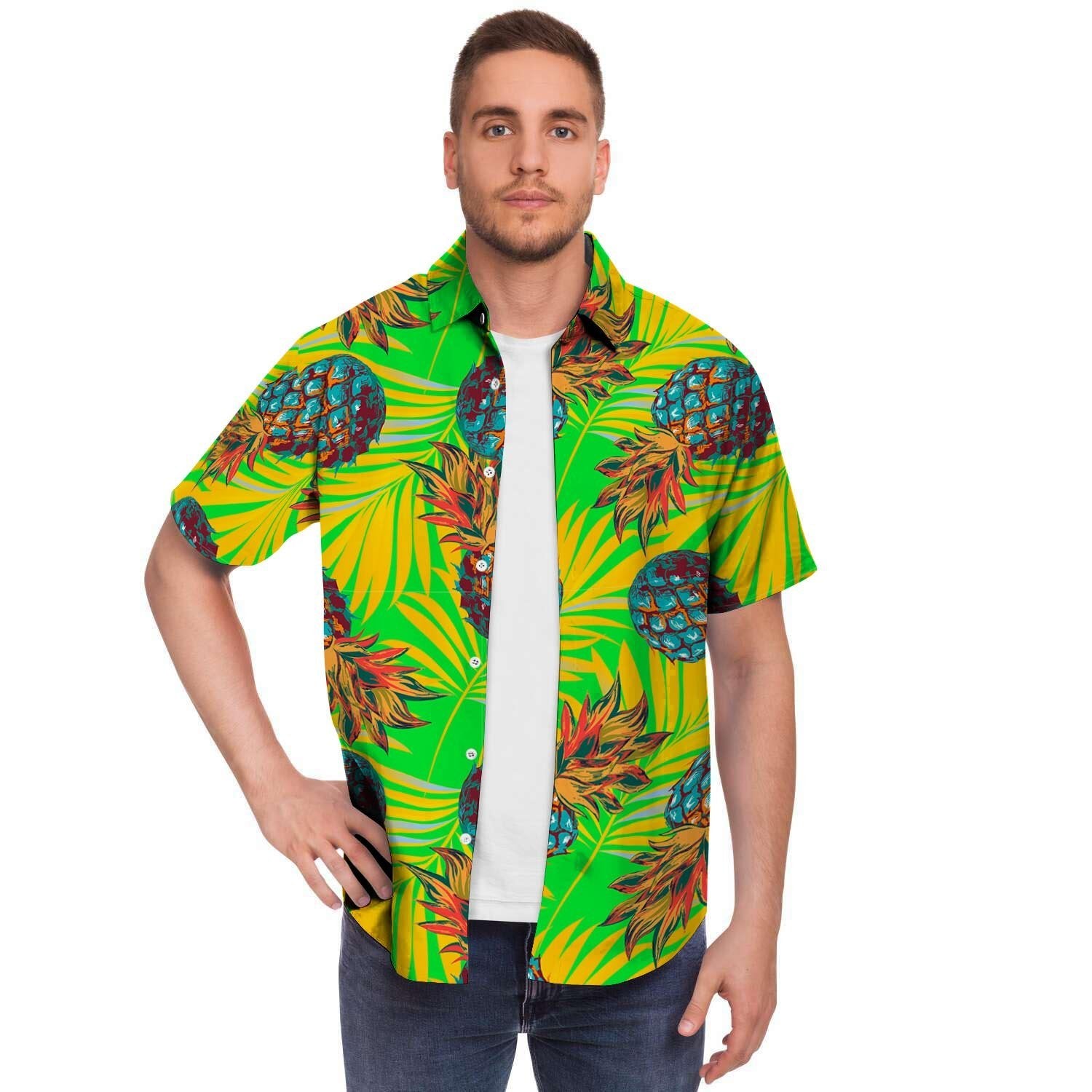 Neon Pineapple Hawaiian Print Men's Short Sleeve Shirt-grizzshop