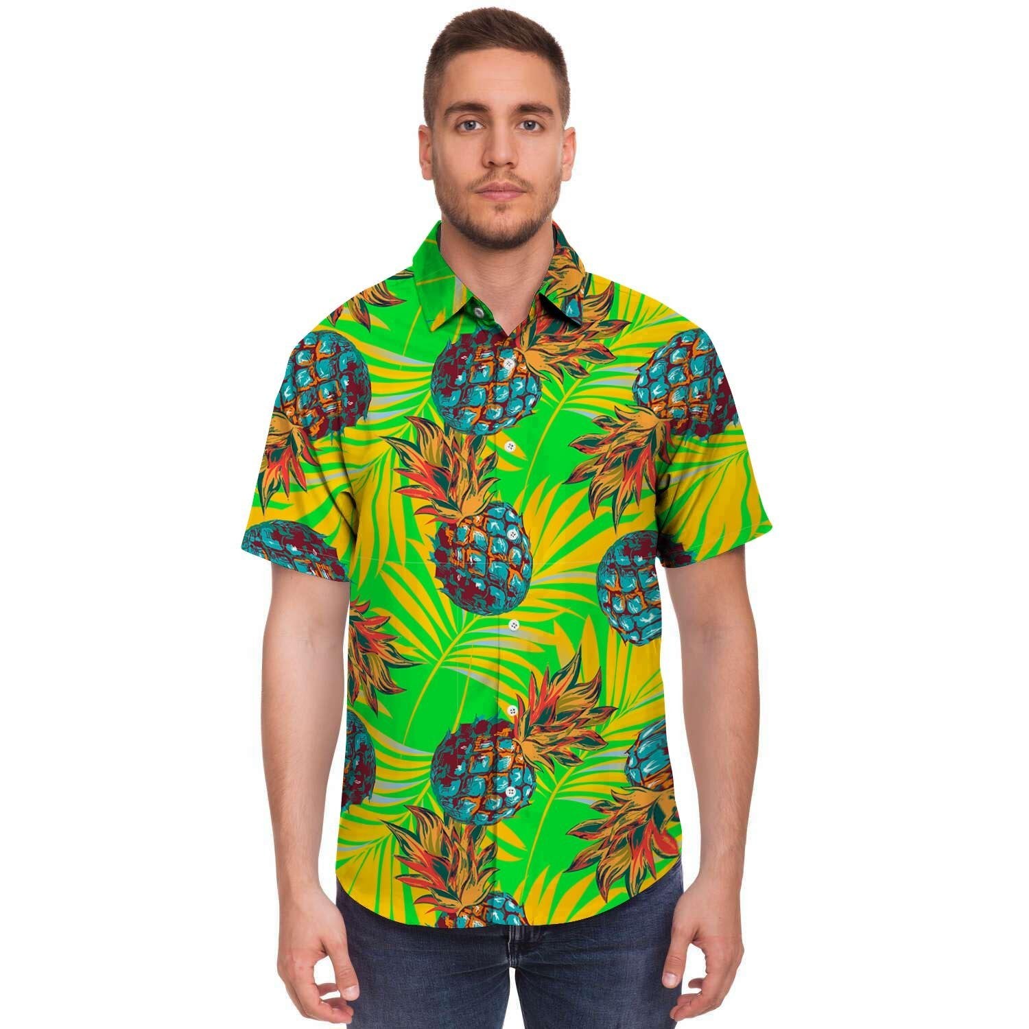 Neon Pineapple Hawaiian Print Men's Short Sleeve Shirt-grizzshop