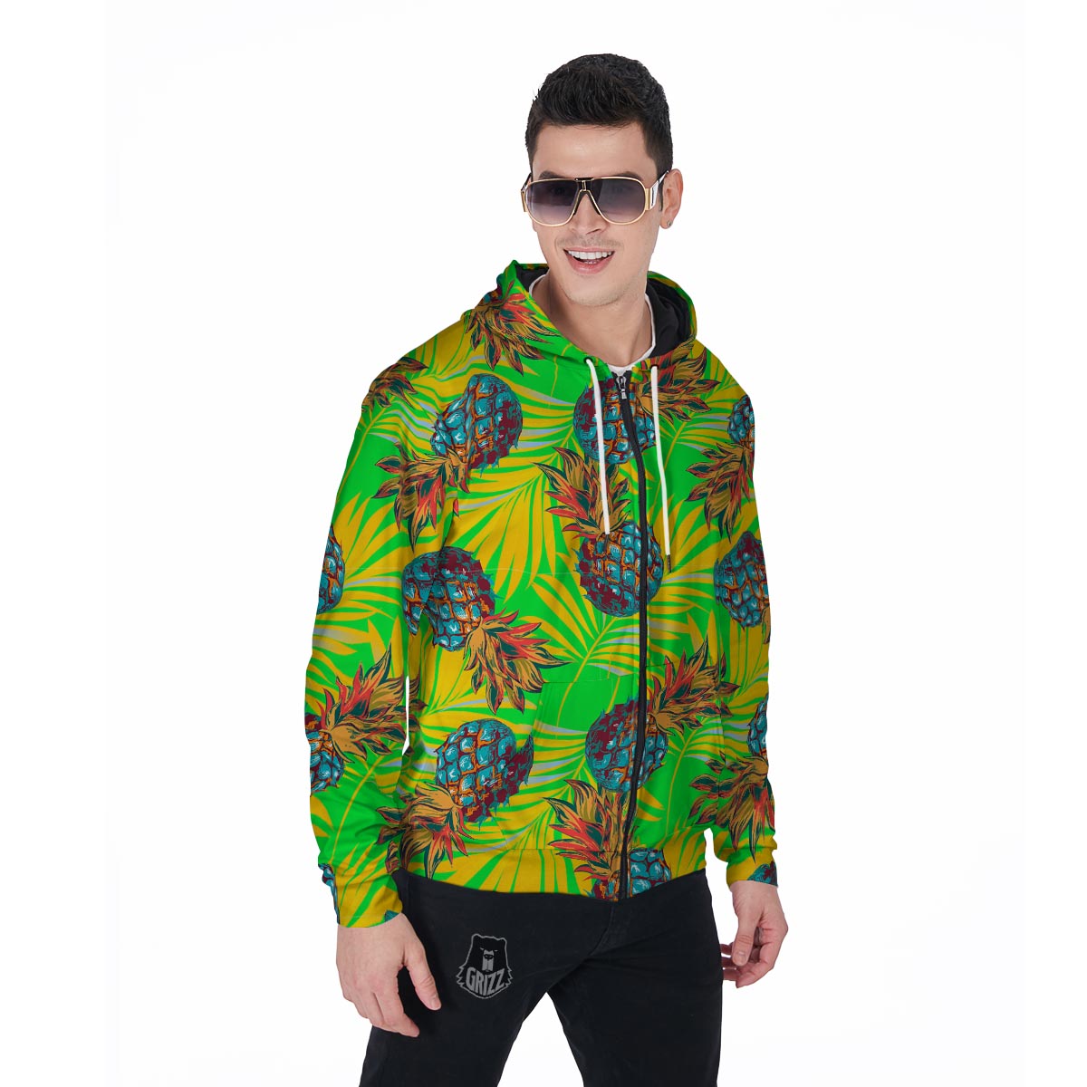 Neon Pineapple Hawaiian Print Men's Zip Up Hoodie-grizzshop