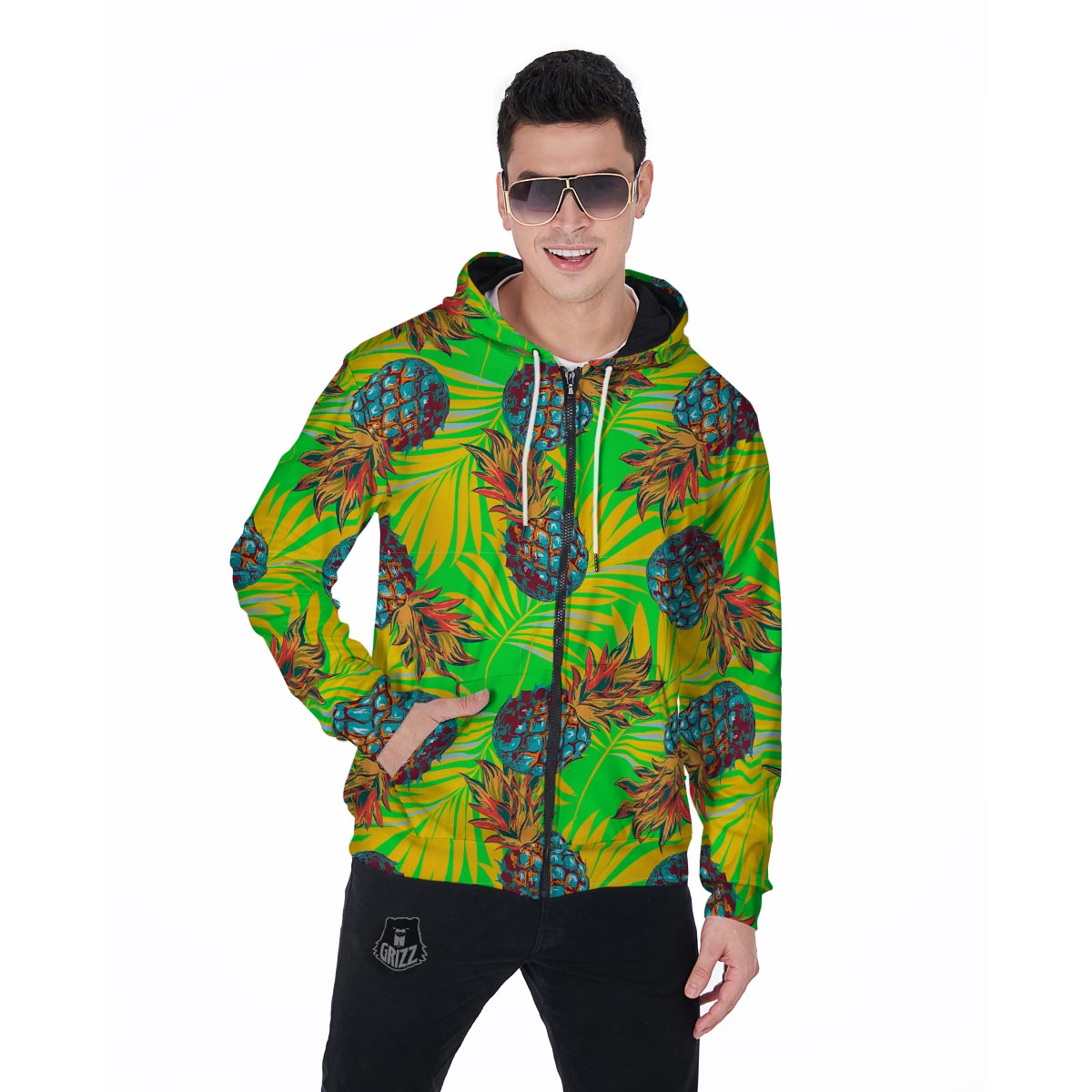 Neon Pineapple Hawaiian Print Men's Zip Up Hoodie-grizzshop