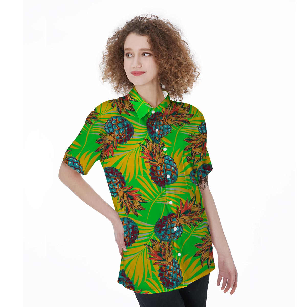 Neon Pineapple Hawaiian Print Women's Short Sleeve Shirts-grizzshop