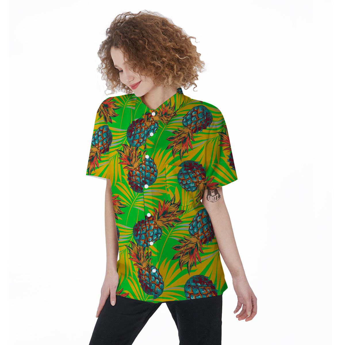 Neon Pineapple Hawaiian Print Women's Short Sleeve Shirts-grizzshop