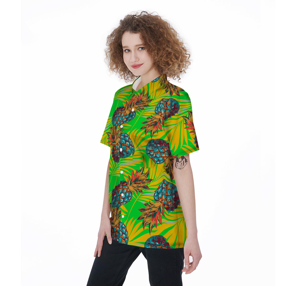 Neon Pineapple Hawaiian Print Women's Short Sleeve Shirts-grizzshop