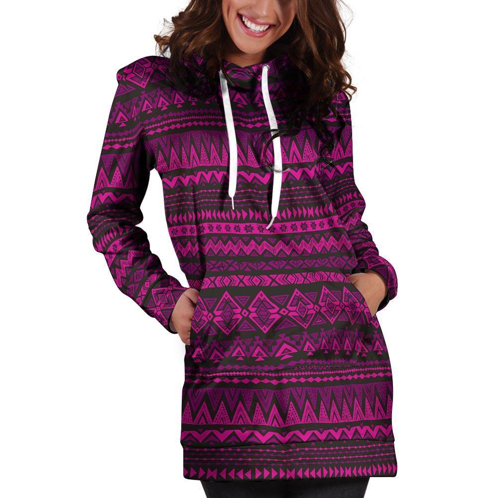 Neon Pink Ethic Aztec Print Hoodie Dress-grizzshop