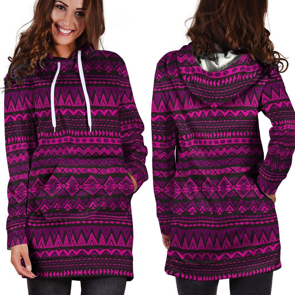 Neon Pink Ethic Aztec Print Hoodie Dress-grizzshop