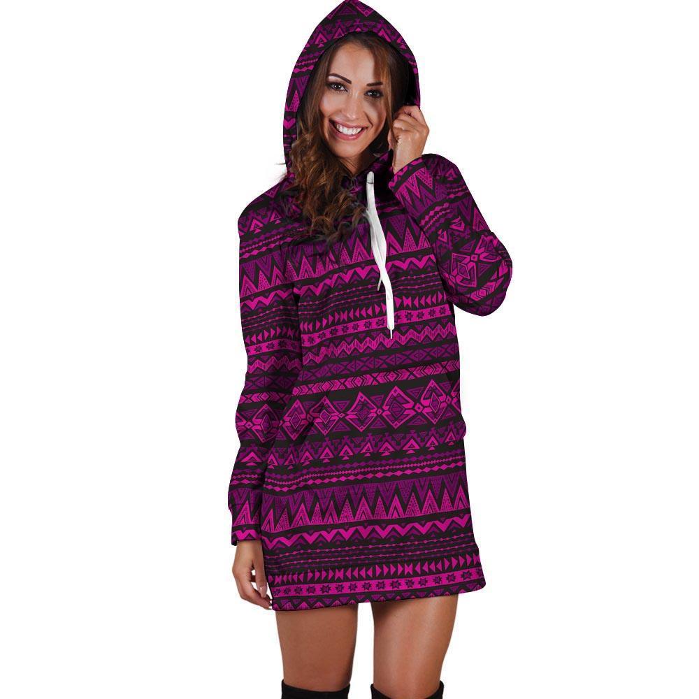 Neon Pink Ethic Aztec Print Hoodie Dress-grizzshop