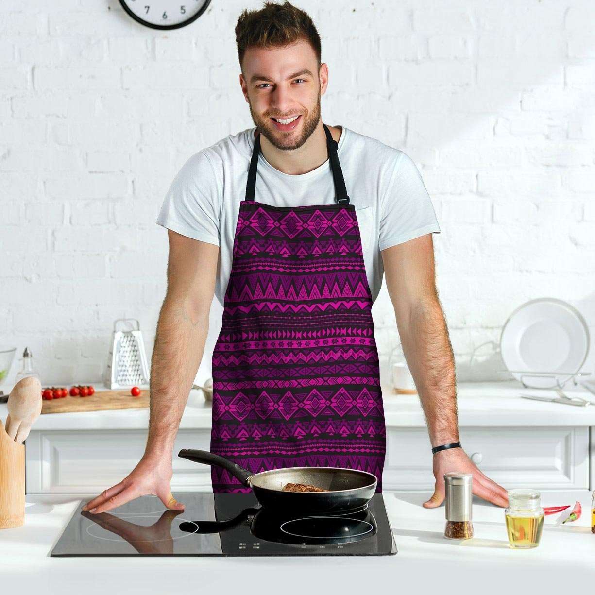 Neon Pink Ethic Aztec Print Men's Apron-grizzshop