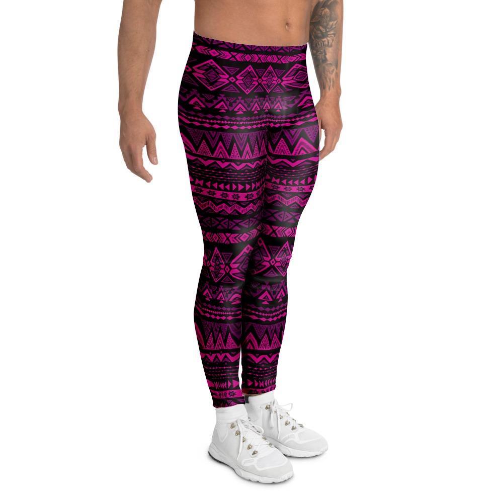 Neon Pink Ethic Aztec Print Men's Leggings-grizzshop