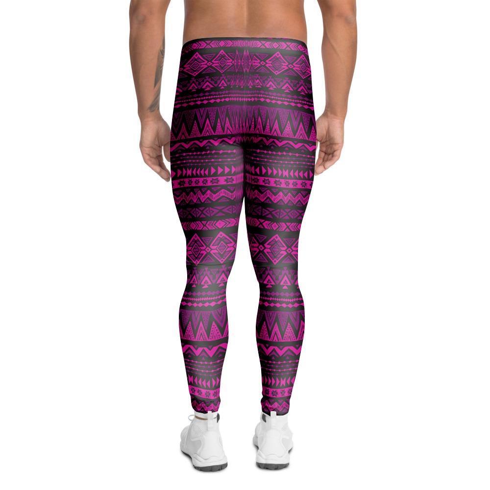 Neon Pink Ethic Aztec Print Men's Leggings-grizzshop