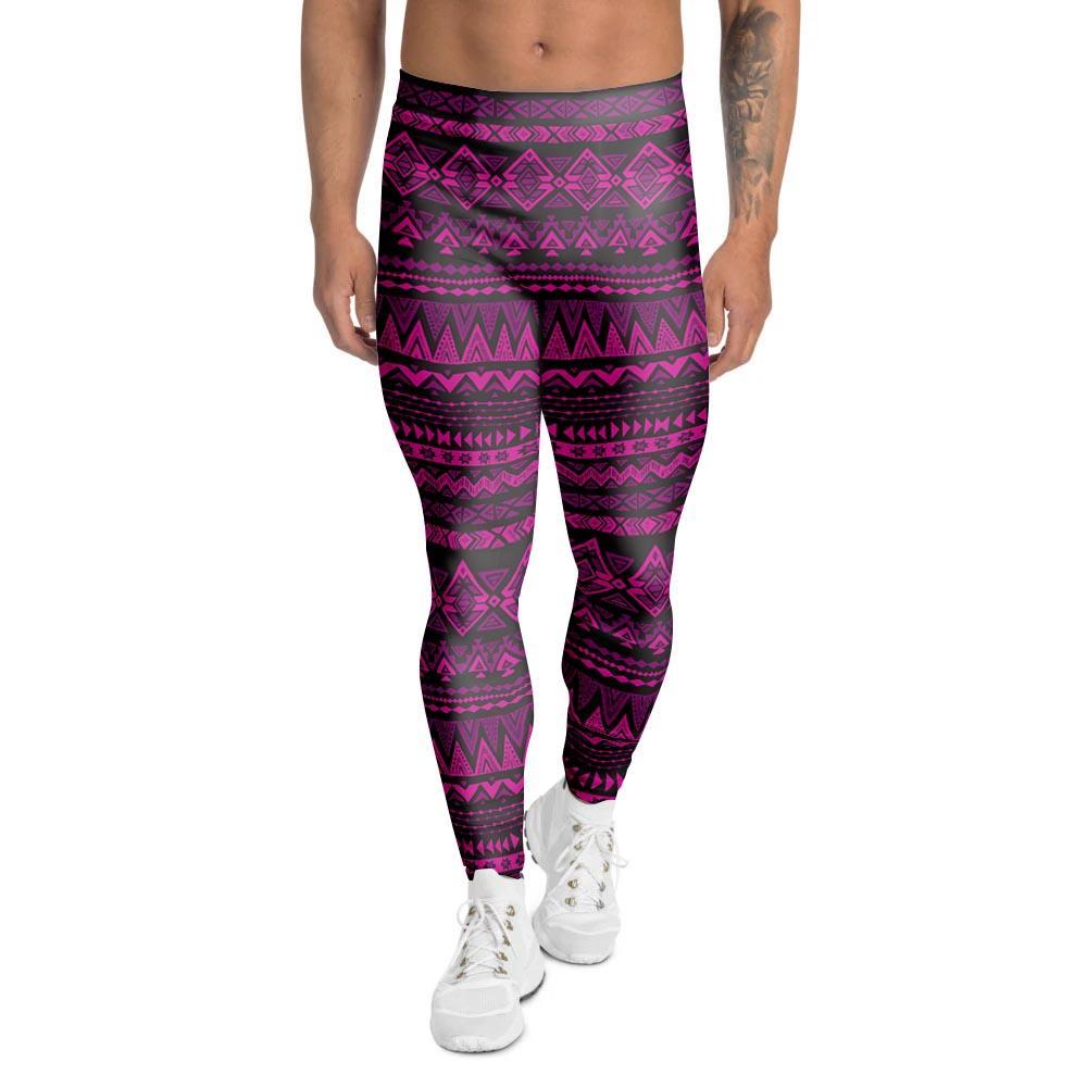 Neon Pink Ethic Aztec Print Men's Leggings-grizzshop