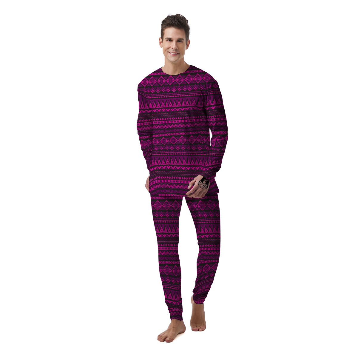 Neon Pink Ethic Aztec Print Men's Pajamas-grizzshop