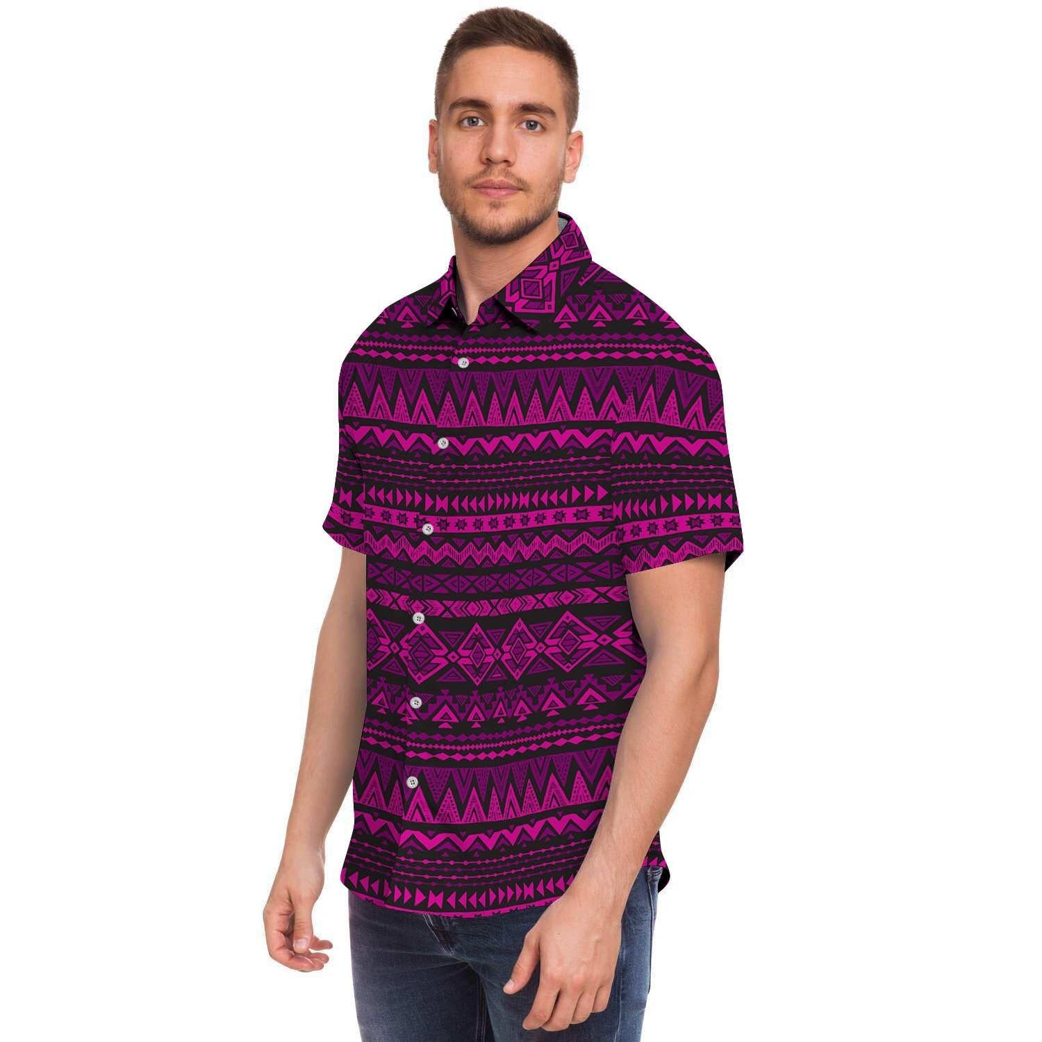 Neon Pink Ethic Aztec Print Men's Short Sleeve Shirt-grizzshop