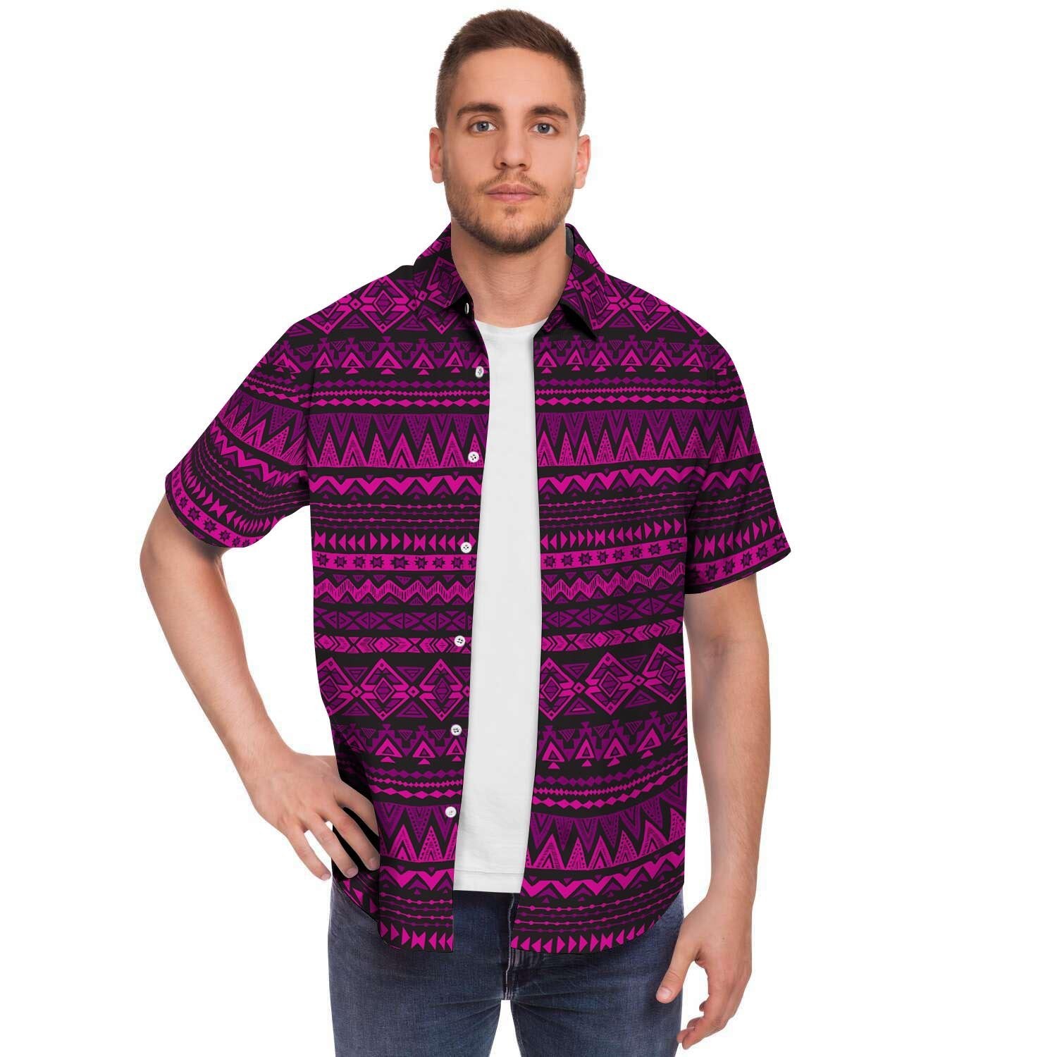 Neon Pink Ethic Aztec Print Men's Short Sleeve Shirt-grizzshop