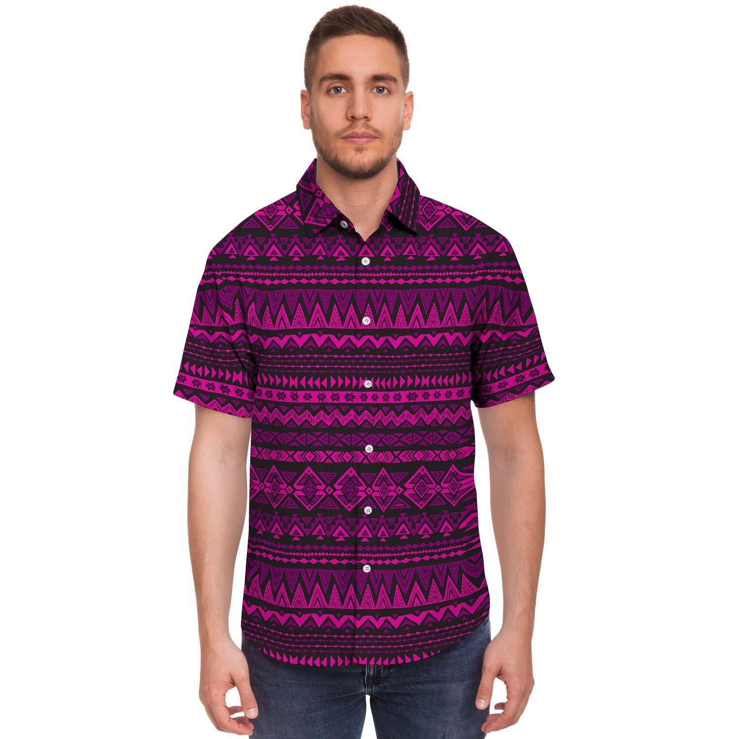 Neon Pink Ethic Aztec Print Men's Short Sleeve Shirt-grizzshop