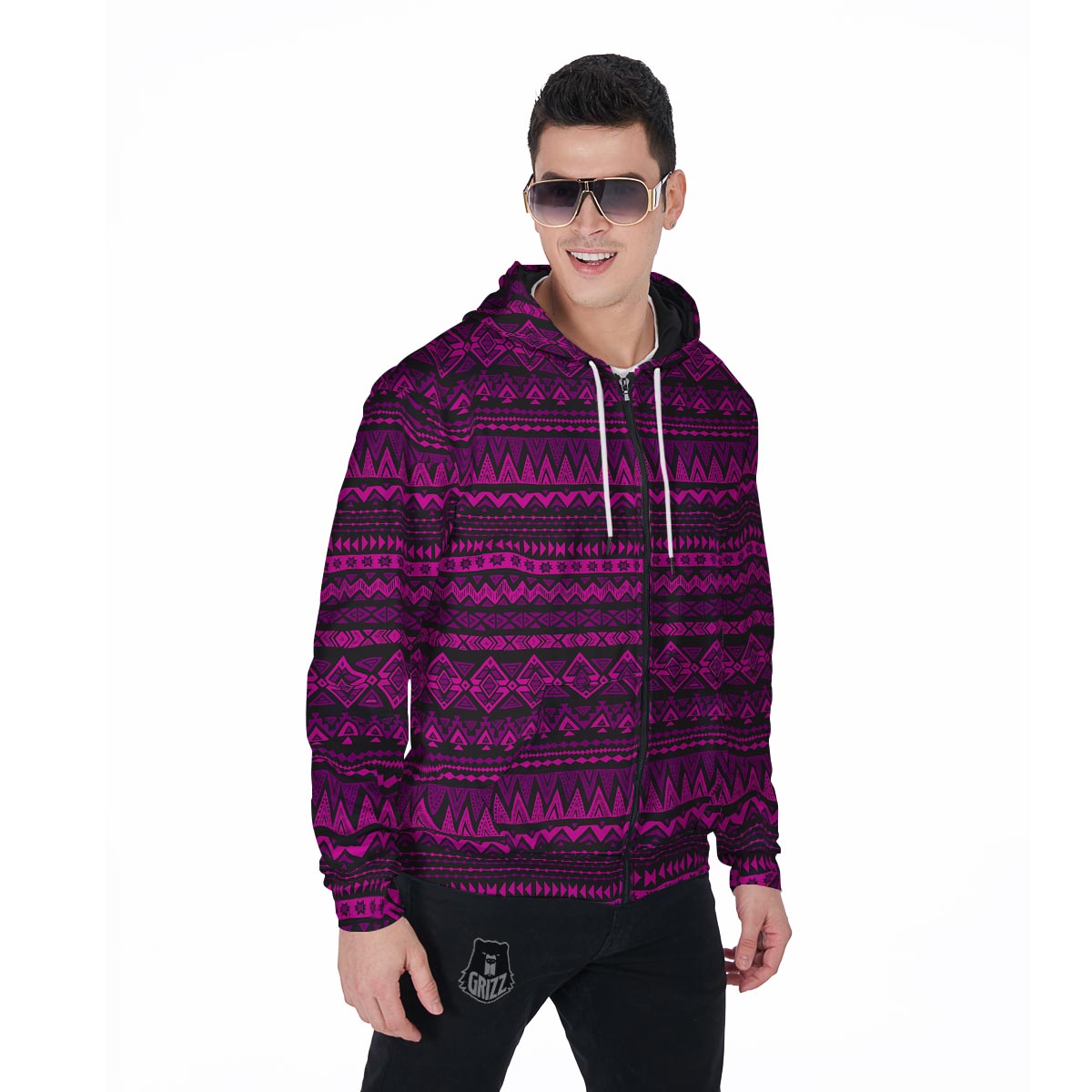 Neon Pink Ethic Aztec Print Men's Zip Up Hoodie-grizzshop