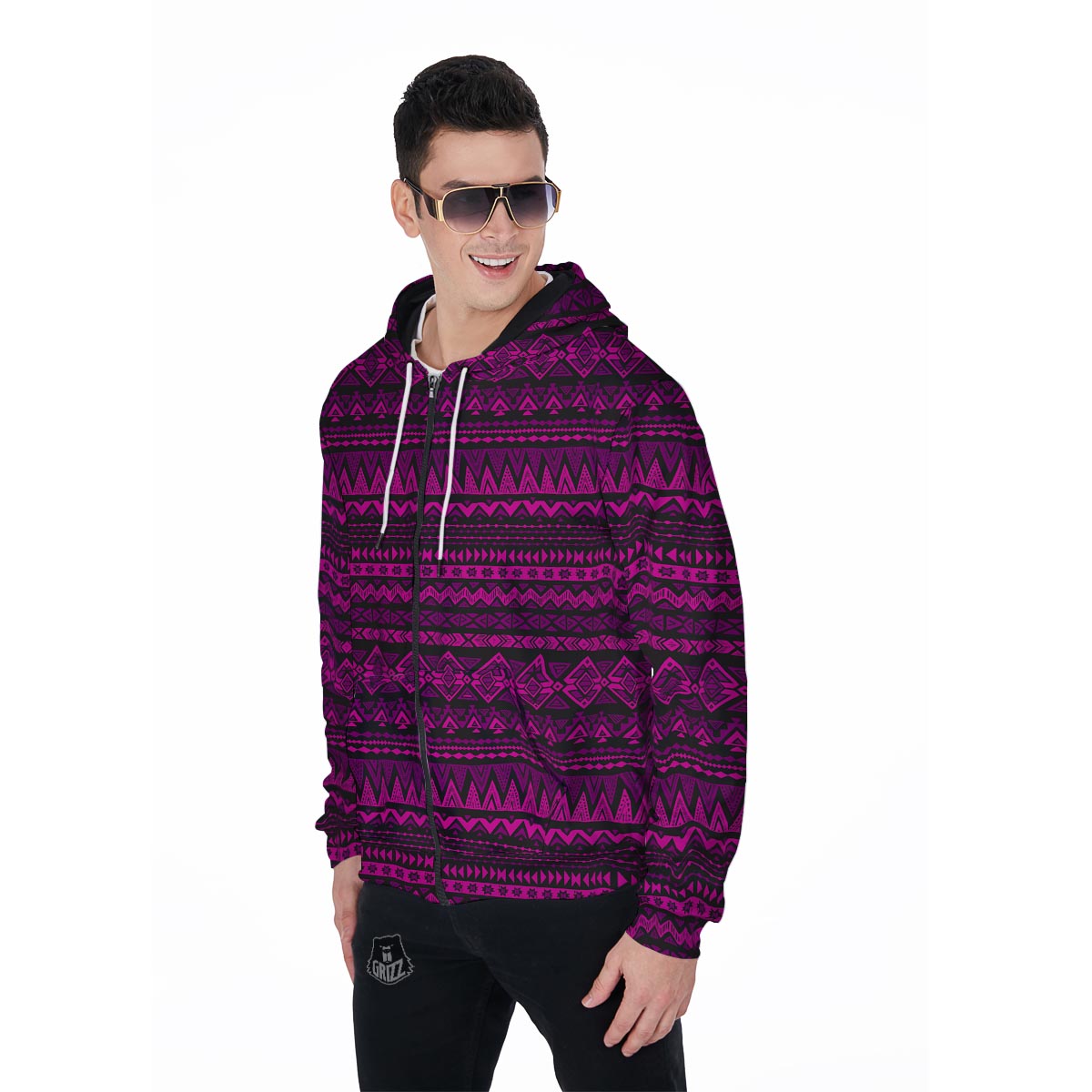 Neon Pink Ethic Aztec Print Men's Zip Up Hoodie-grizzshop