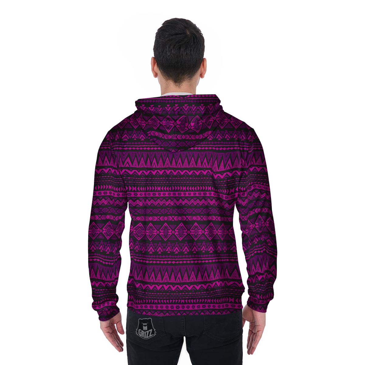 Neon Pink Ethic Aztec Print Men's Zip Up Hoodie-grizzshop