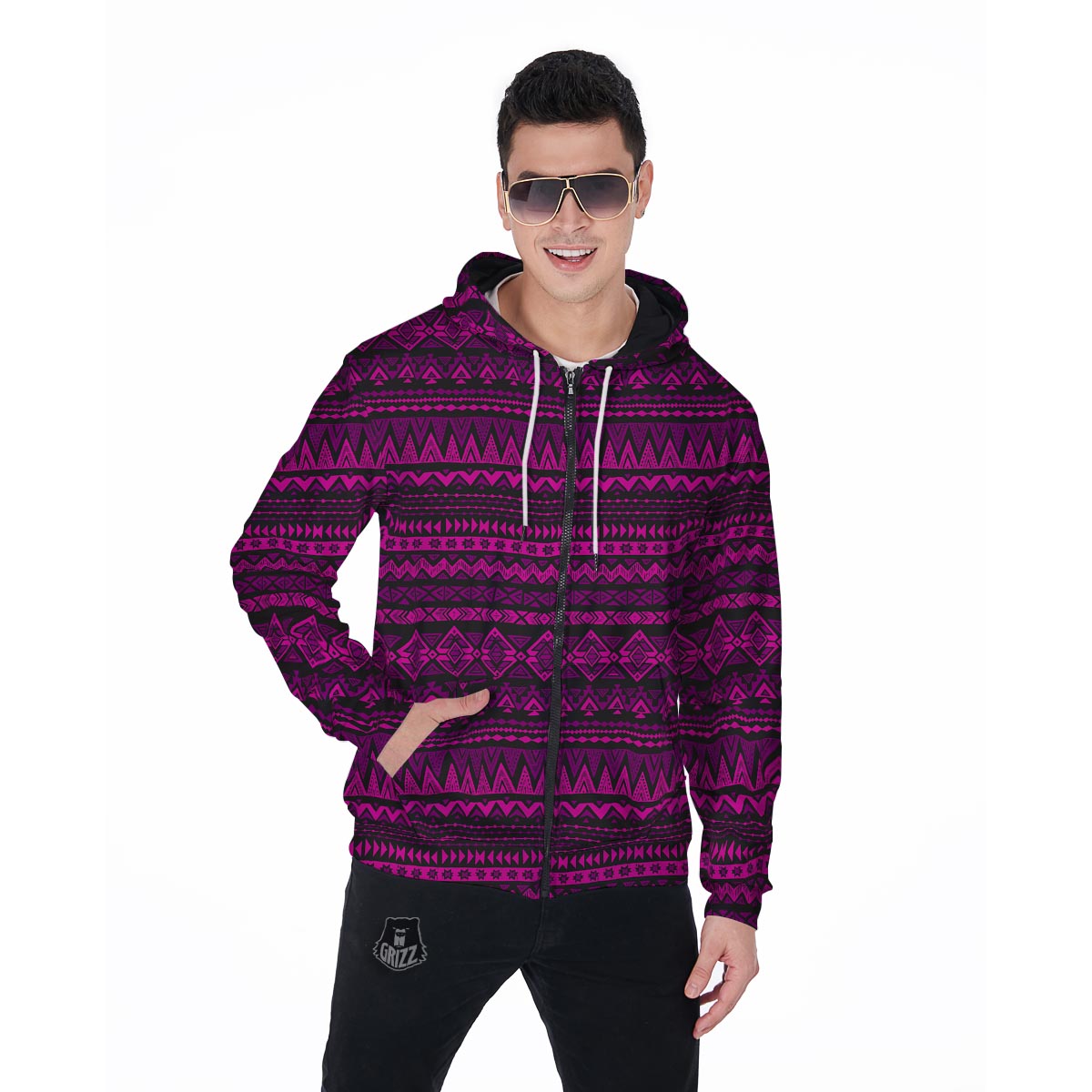 Neon Pink Ethic Aztec Print Men's Zip Up Hoodie-grizzshop