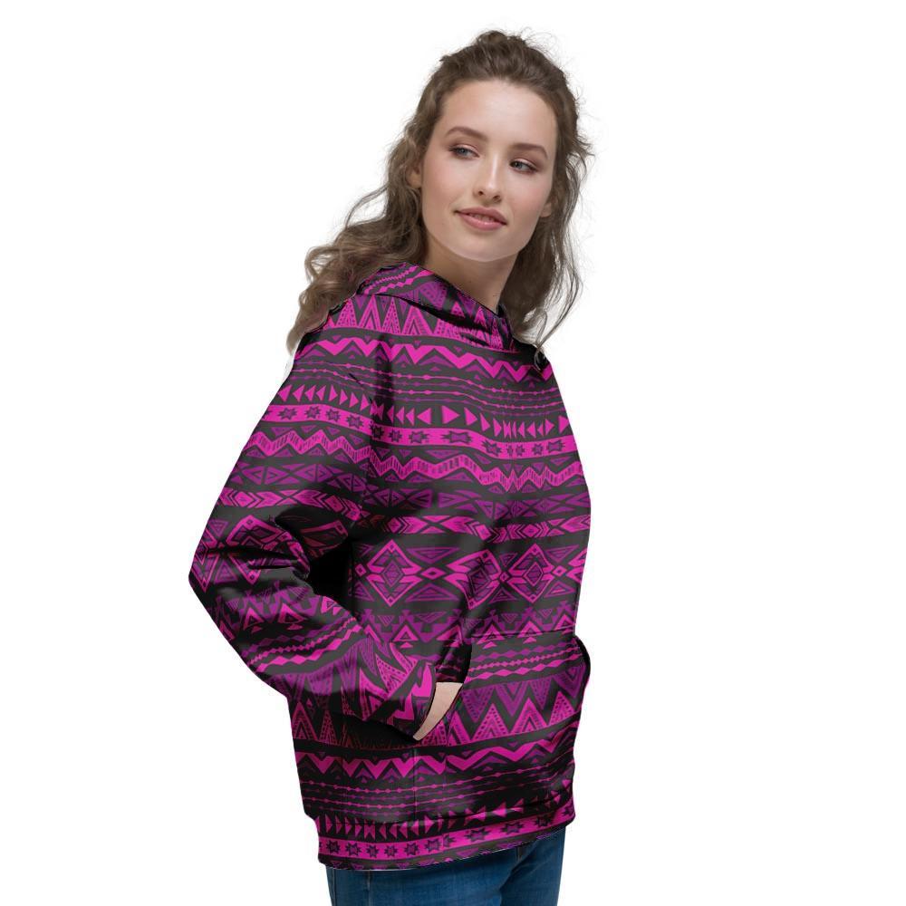 Neon Pink Ethic Aztec Print Women's Hoodie-grizzshop