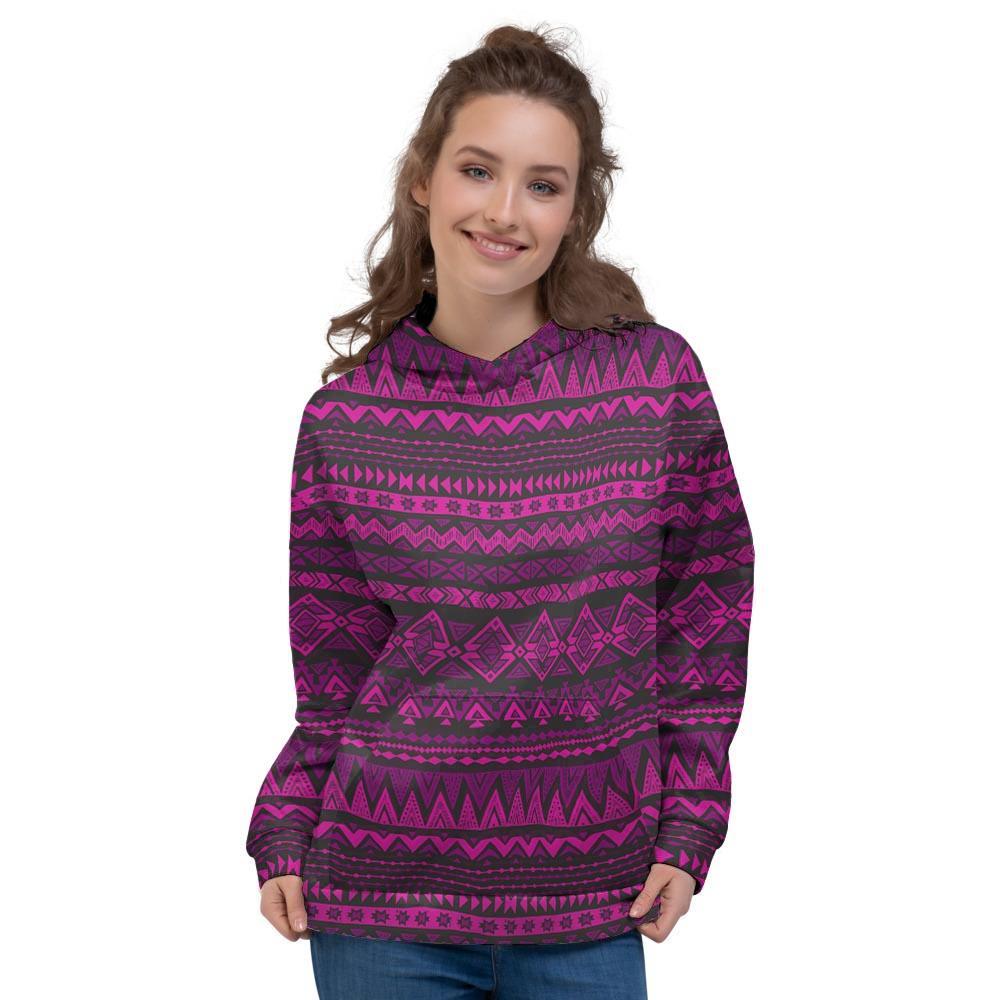 Neon Pink Ethic Aztec Print Women's Hoodie-grizzshop