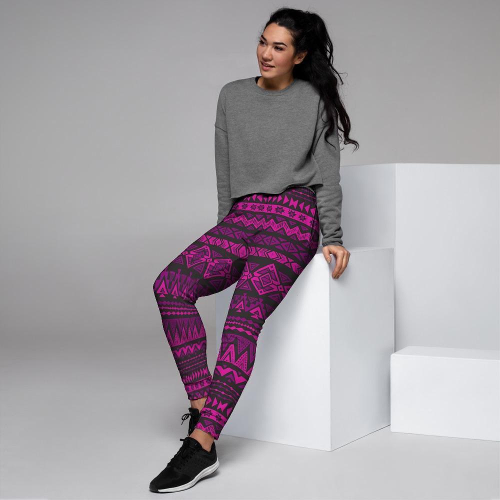 Neon Pink Ethic Aztec Print Women's Joggers-grizzshop