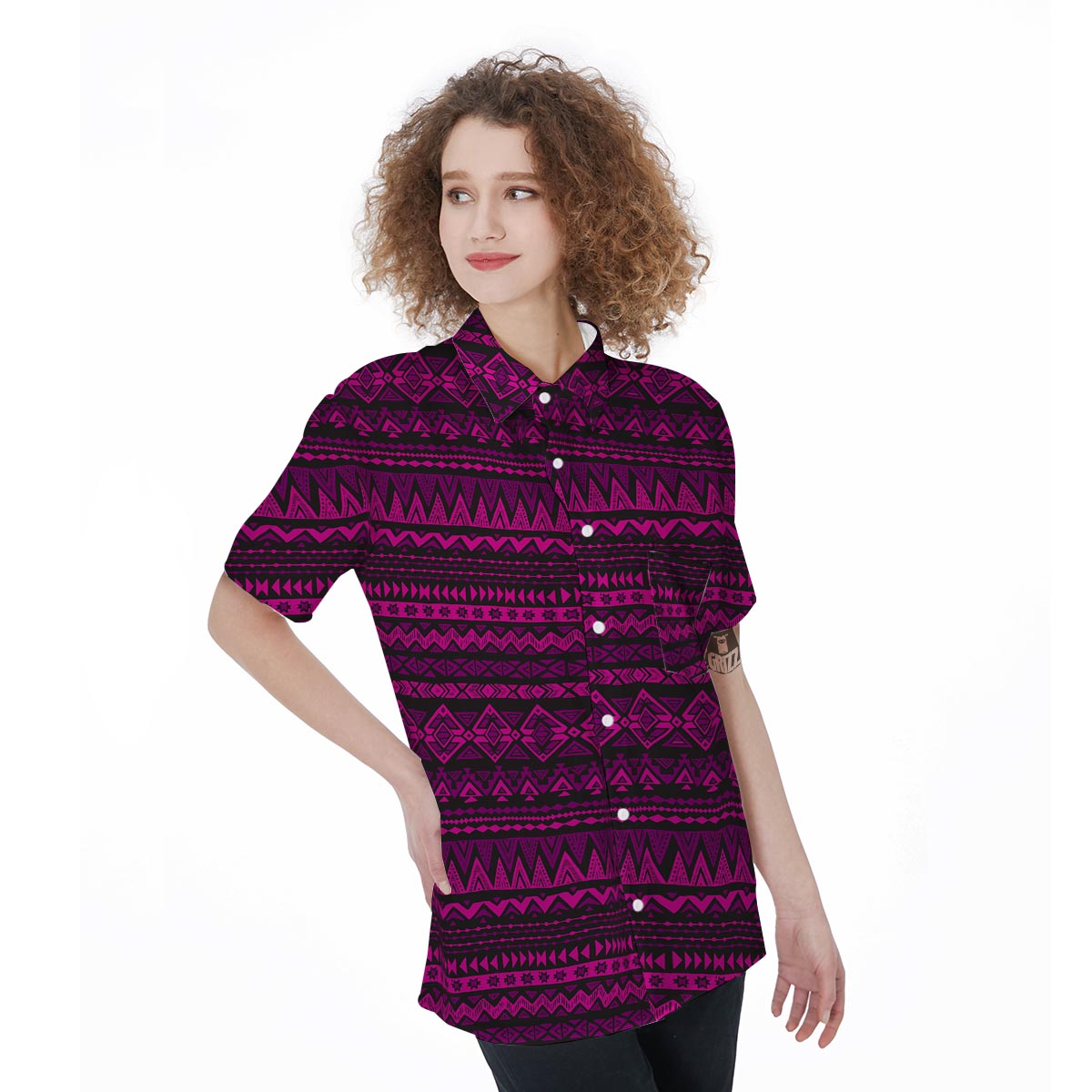 Neon Pink Ethic Aztec Print Women's Short Sleeve Shirts-grizzshop