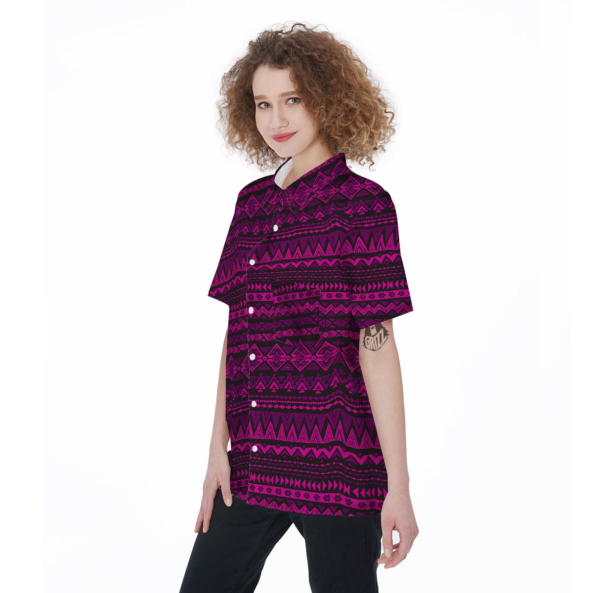Neon Pink Ethic Aztec Print Women's Short Sleeve Shirts-grizzshop