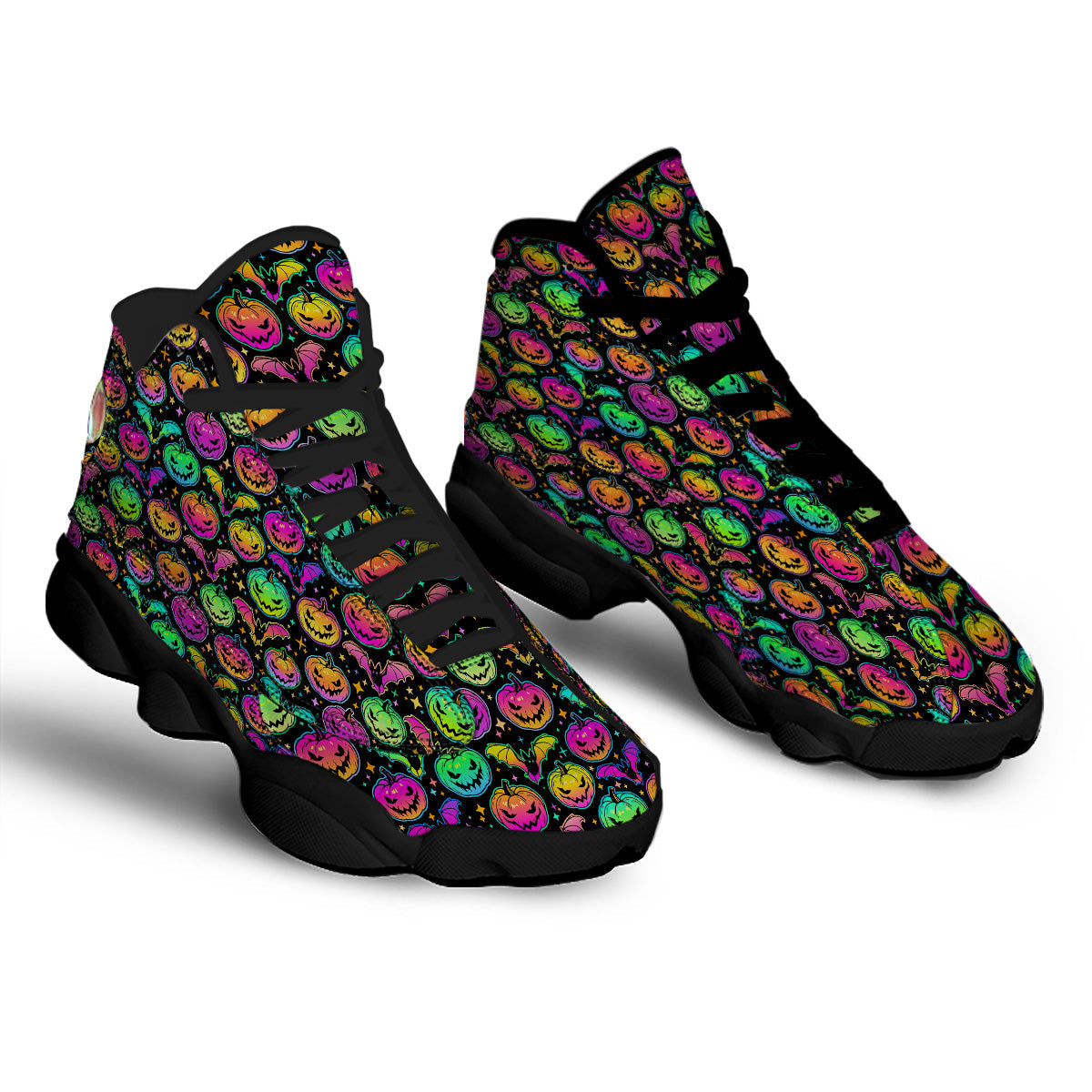 Neon Pumpkins And Bat Halloween Print Pattern Black Basketball Shoes-grizzshop