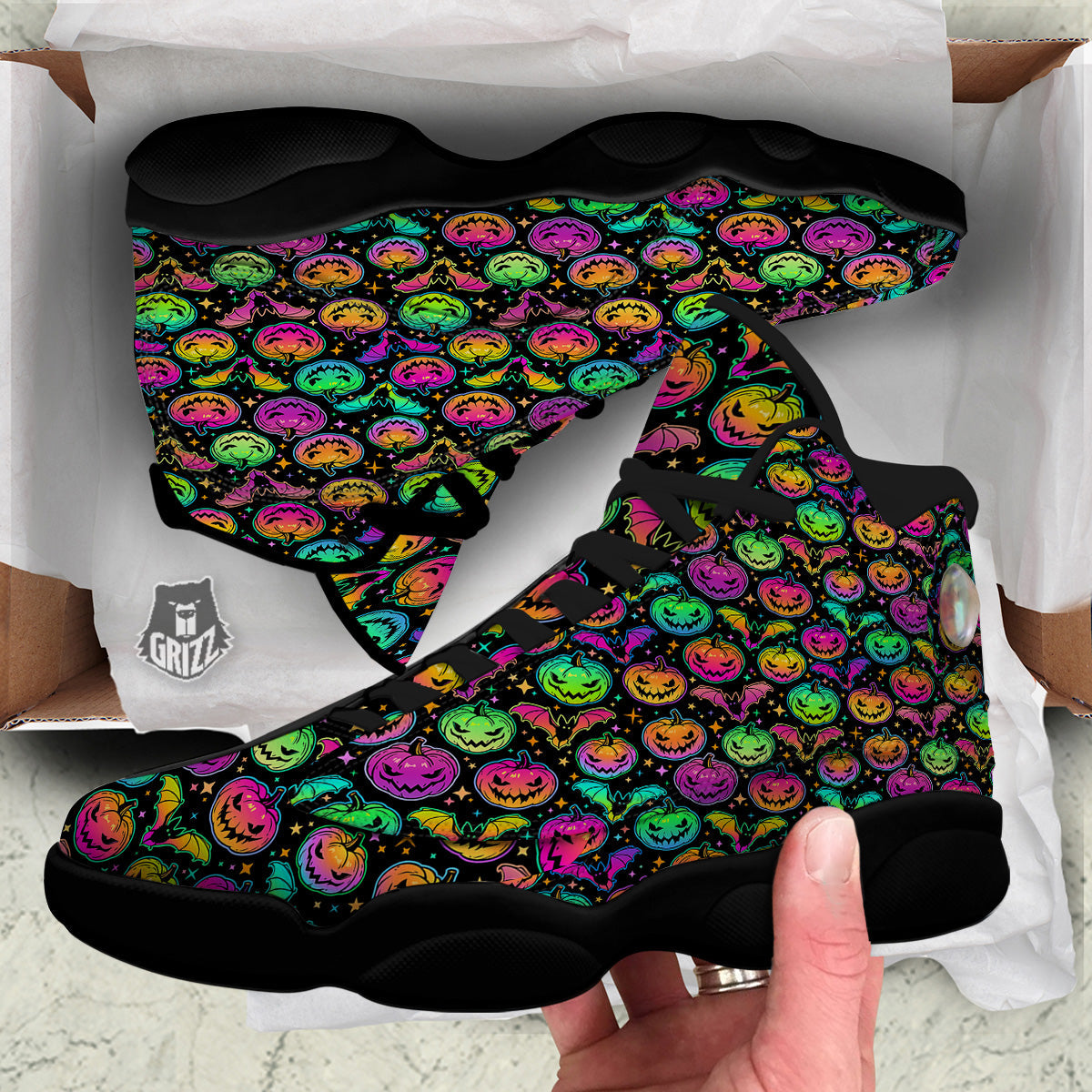 Neon Pumpkins And Bat Halloween Print Pattern Black Basketball Shoes-grizzshop