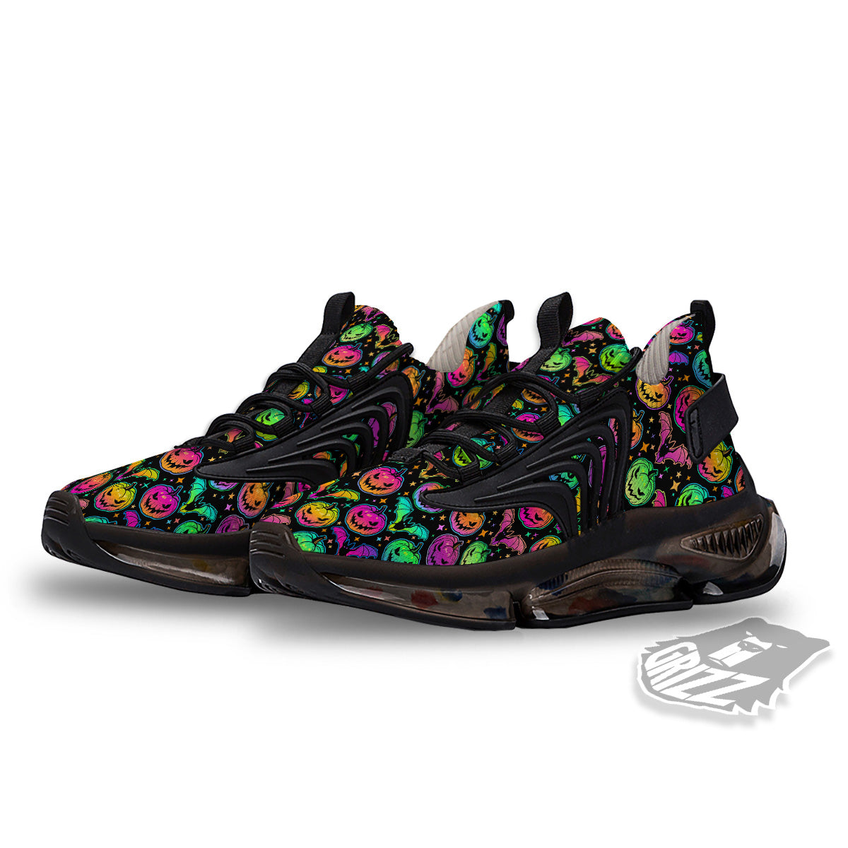 Neon Pumpkins And Bat Halloween Print Pattern Black Gym Shoes-grizzshop