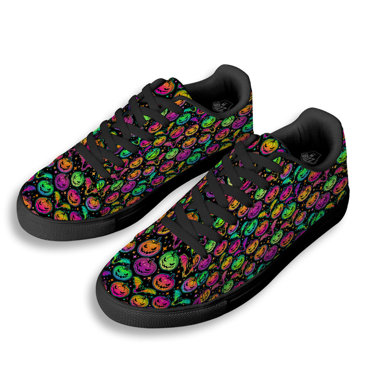 Neon Pumpkins And Bat Halloween Print Pattern Black Low Top Sneakers-grizzshop