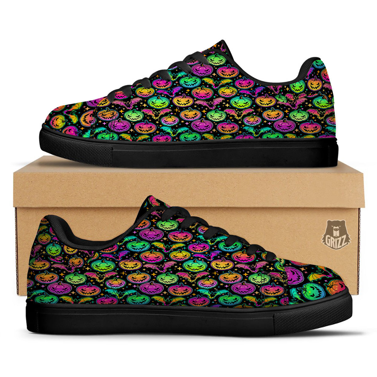 Neon Pumpkins And Bat Halloween Print Pattern Black Low Top Sneakers-grizzshop