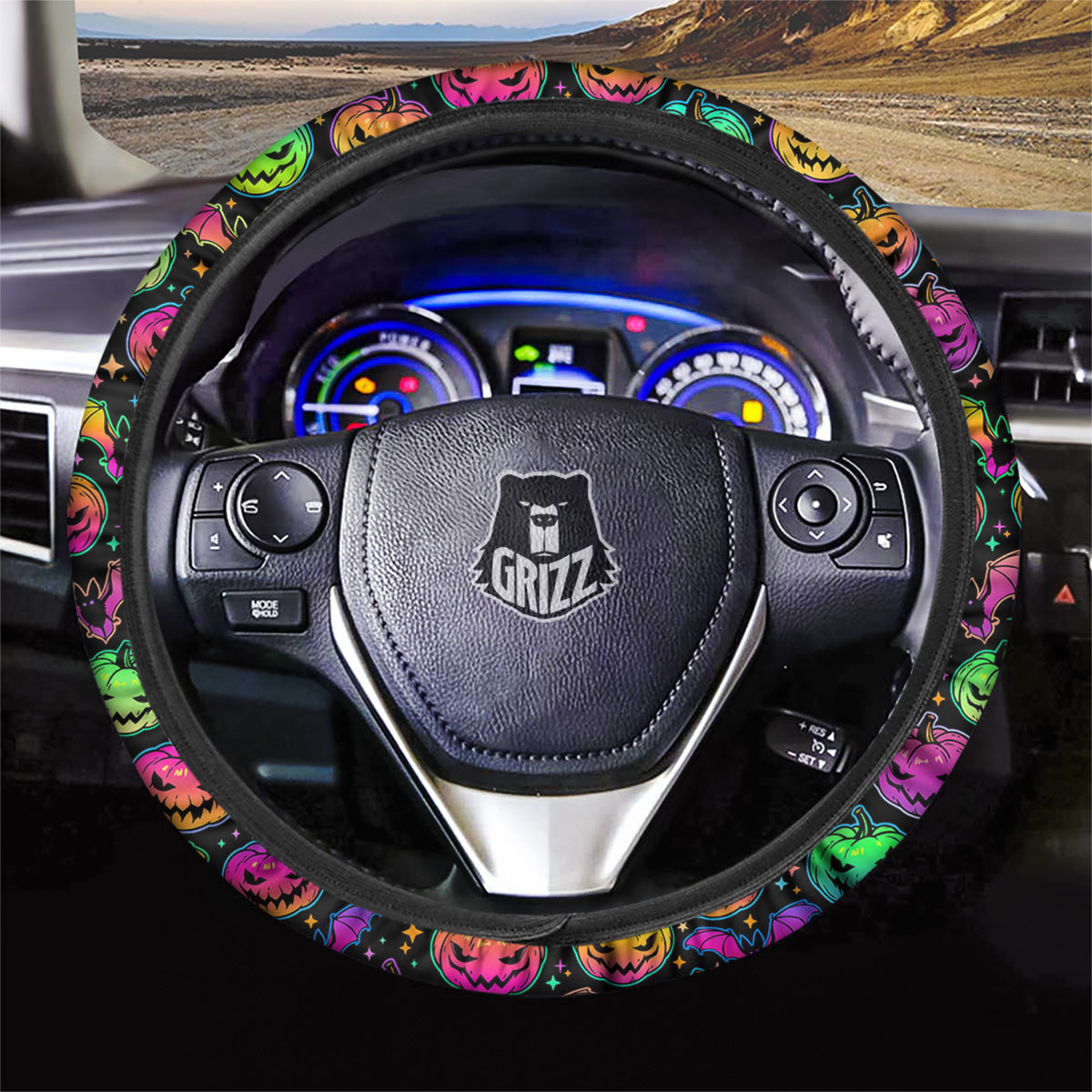 Neon Pumpkins And Bat Halloween Print Pattern Car Steering Wheel Cover-grizzshop