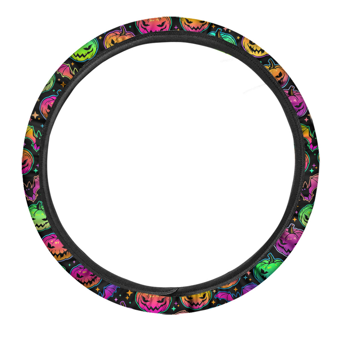 Neon Pumpkins And Bat Halloween Print Pattern Car Steering Wheel Cover-grizzshop