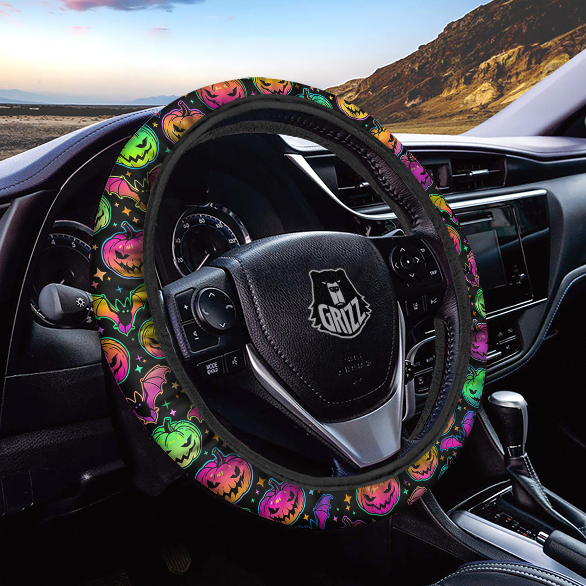 Neon Pumpkins And Bat Halloween Print Pattern Car Steering Wheel Cover-grizzshop