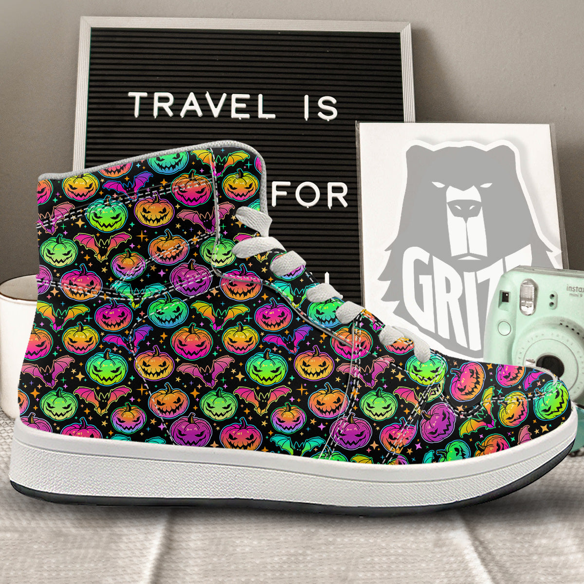 Neon Pumpkins And Bat Halloween Print Pattern High Top Sneakers-grizzshop